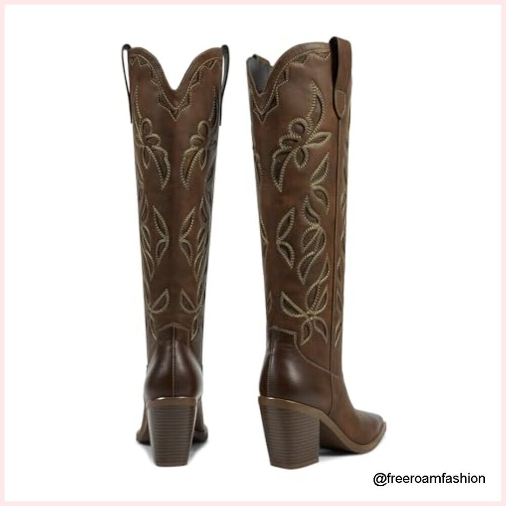 Knee High Western Boots with Chunky Heel, Pull On Tab, Faux Leather - Picture 4 of 7